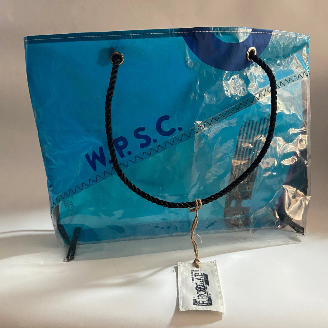 Trade Winds Tote / Teal blue with hot pink stripe and a clear panel