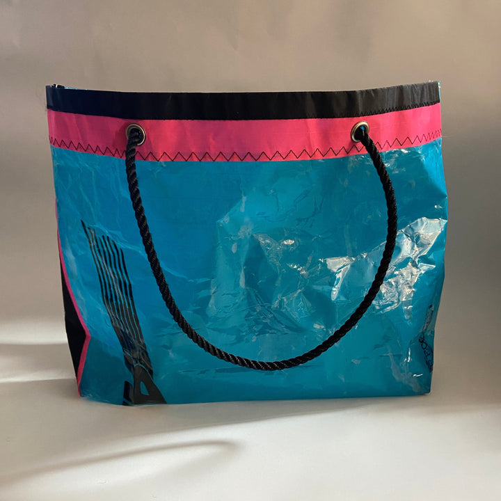 Trade Winds Tote / Teal blue with hot pink stripe and a clear panel